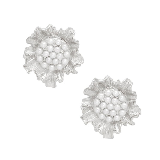 Clip On Silver Sculpted Floral White Pearl Earrings