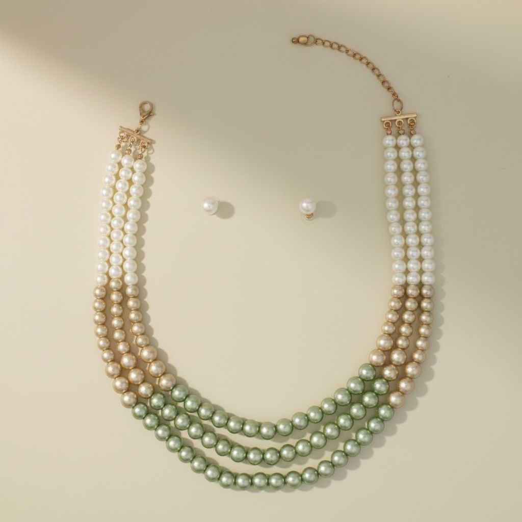 Glass Pearl Green Cream Ombre 3 Strand Necklace
