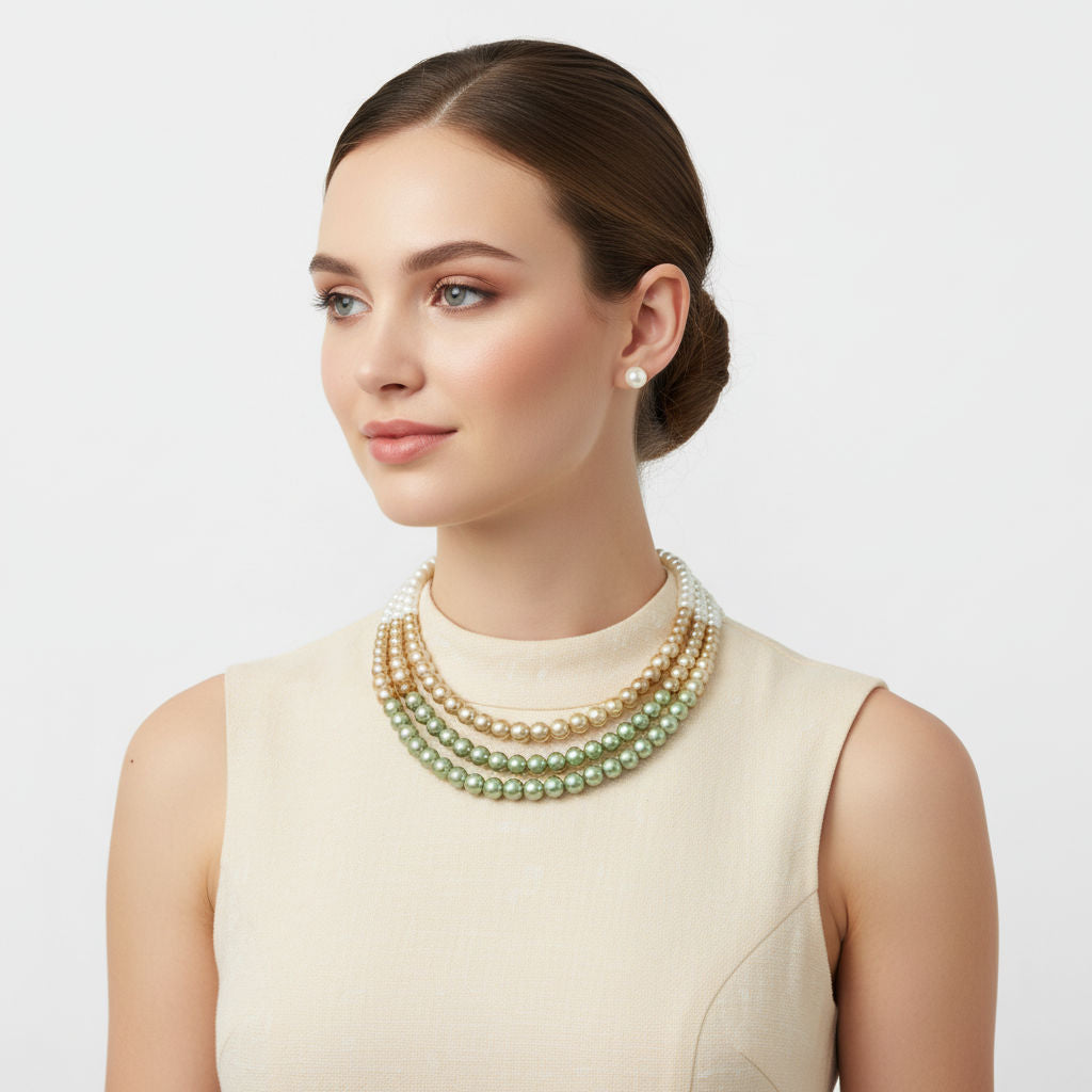 Glass Pearl Green Cream Ombre 3 Strand Necklace