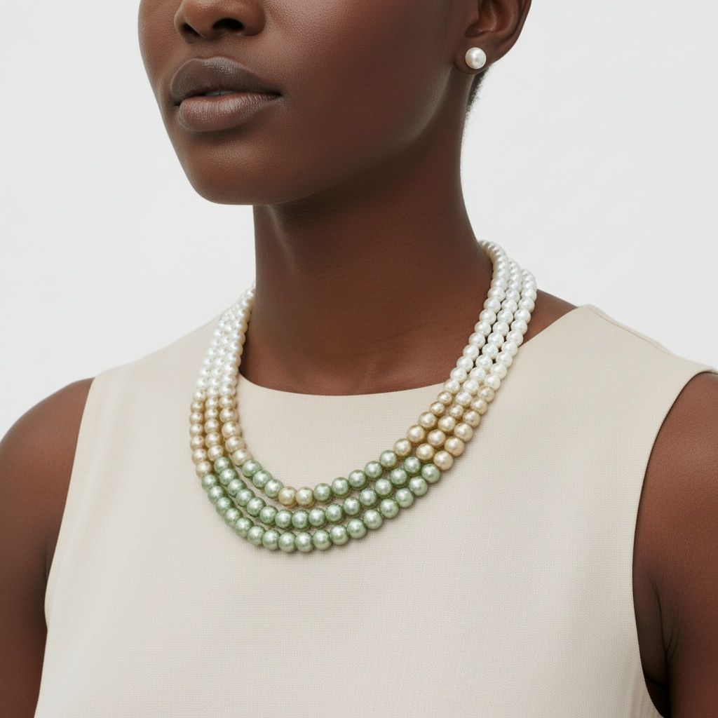 Glass Pearl Green Cream Ombre 3 Strand Necklace