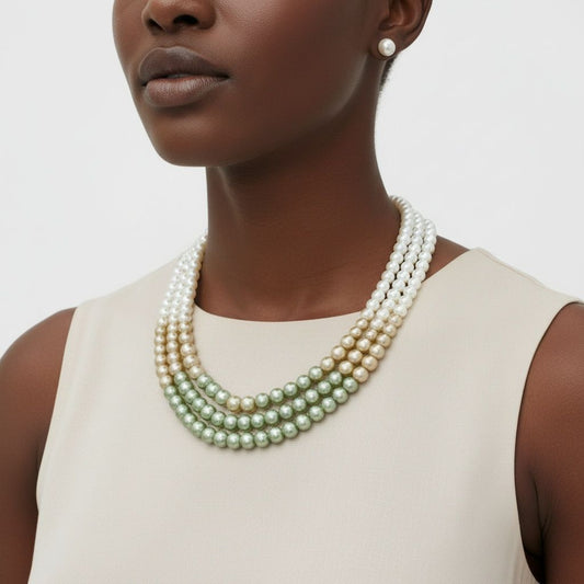 Glass Pearl Green Cream Ombre 3 Strand Necklace