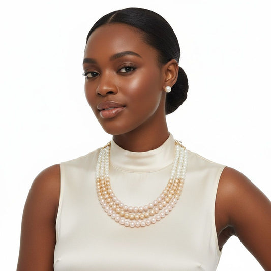Glass Pearl Pink Cream Ombre 3 Strand Necklace