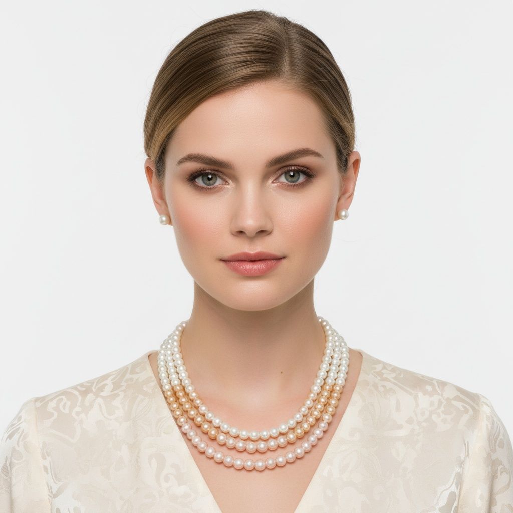 Glass Pearl Pink Cream Ombre 3 Strand Necklace