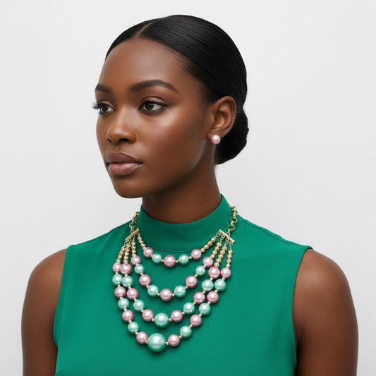 Pink Green Pearl Gold Bead Layer Bib AKA Necklace