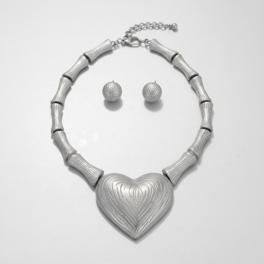 Pendant Matte Silver Bamboo Heart Modern Necklace