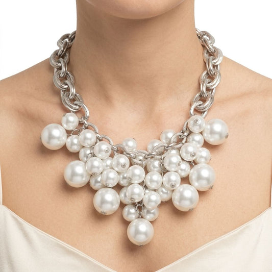 White Pearl Cluster Opulent Chunky Bib Necklace