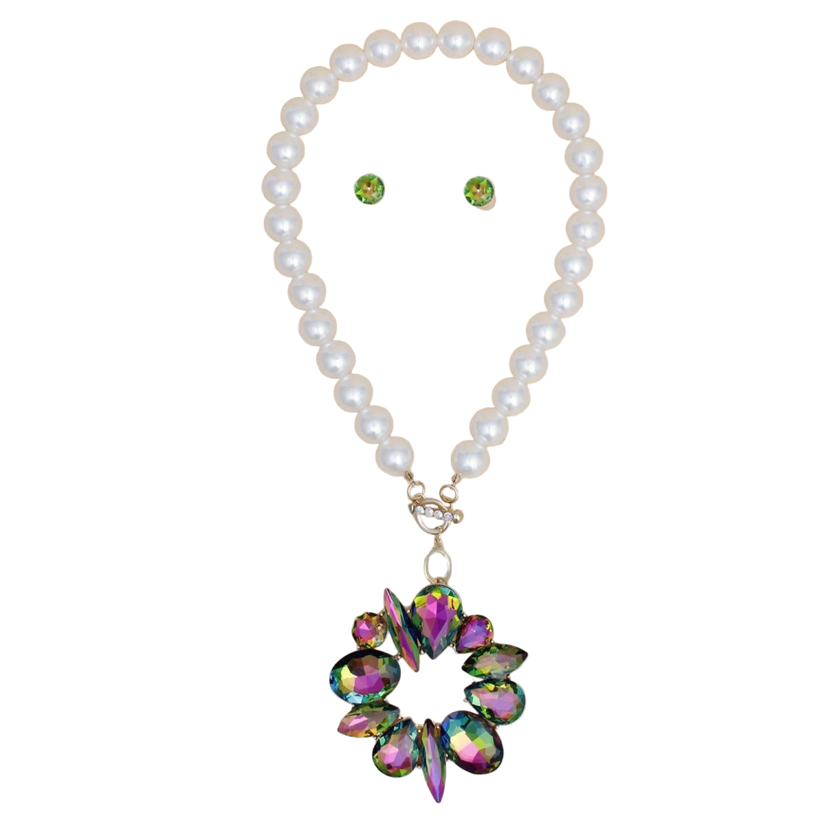 Toggle Pearl Pink Green Crystal Pendant Necklace