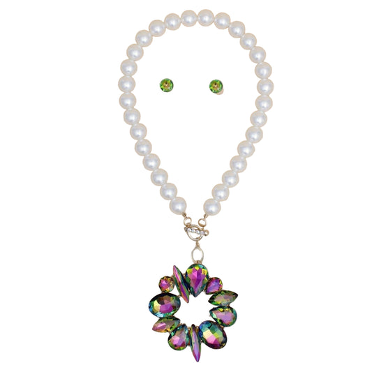 Toggle Pearl Pink Green Crystal Pendant Necklace
