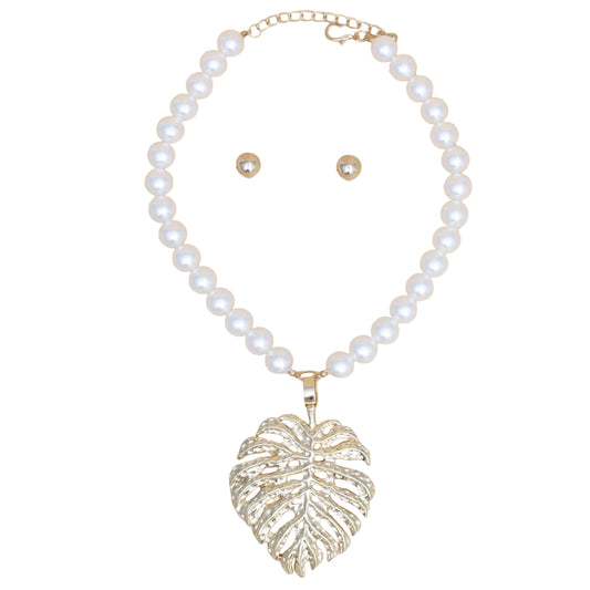 Cream Pearl Gold Palm Leaf Pendant Necklace