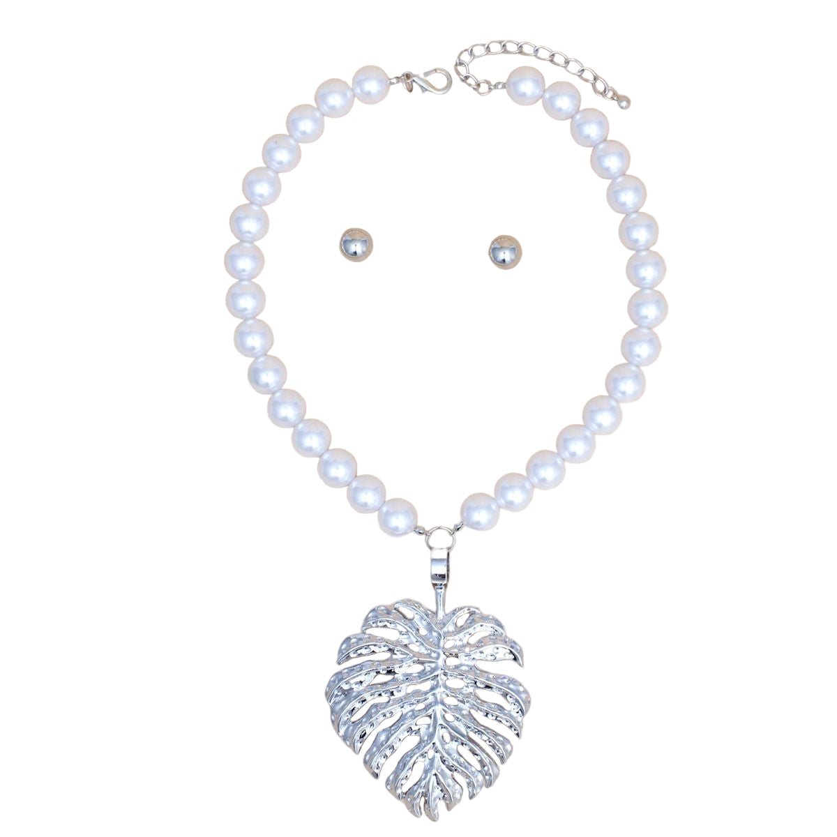 White Pearl Silver Palm Leaf Pendant Necklace