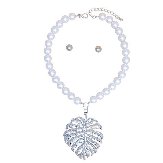 White Pearl Silver Palm Leaf Pendant Necklace