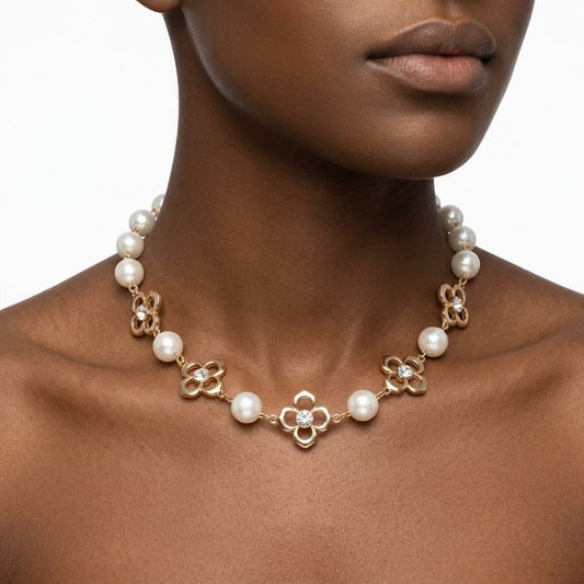 Cream Cotton Pearl and Luxe Mono Flower Necklace