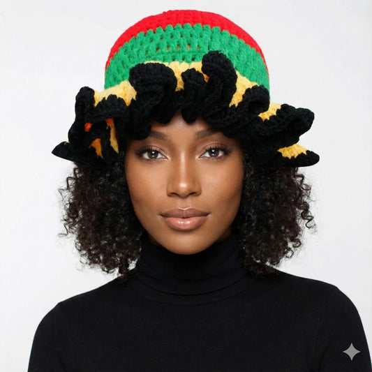 Red Crochet Multicolor Ruffle Bucket Hat Women