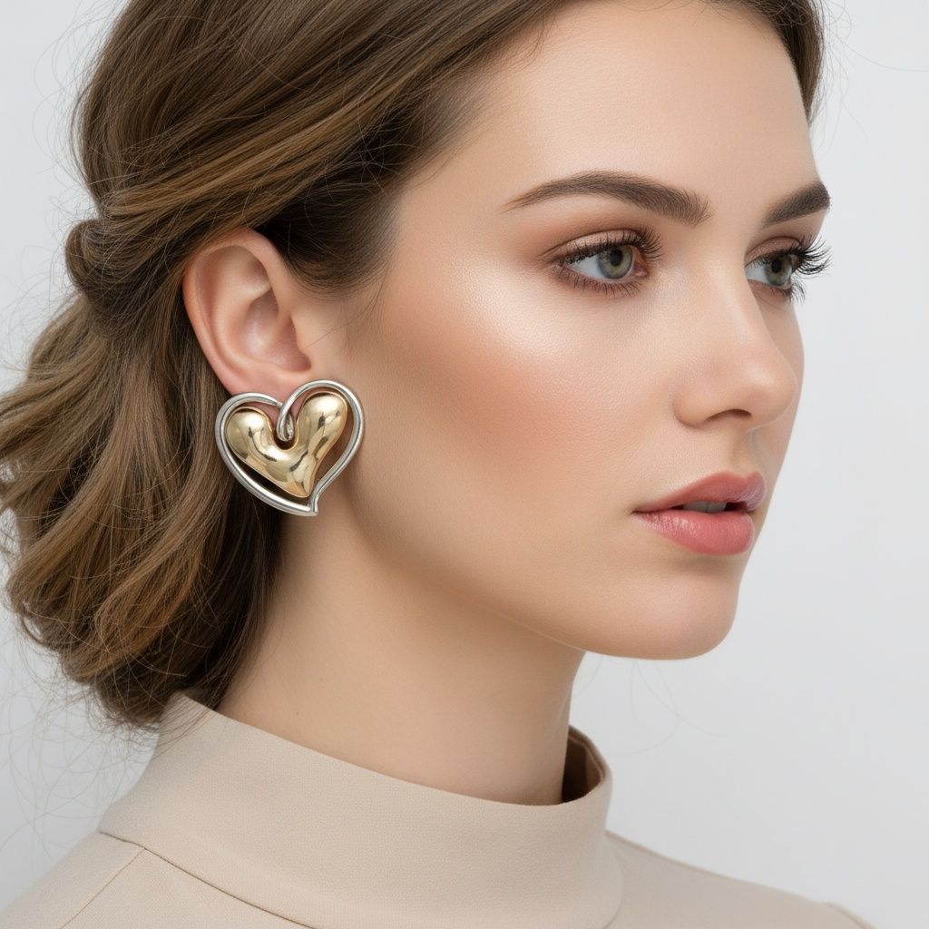 Stud Two Tone Gold Silver Chubby Heart Earrings