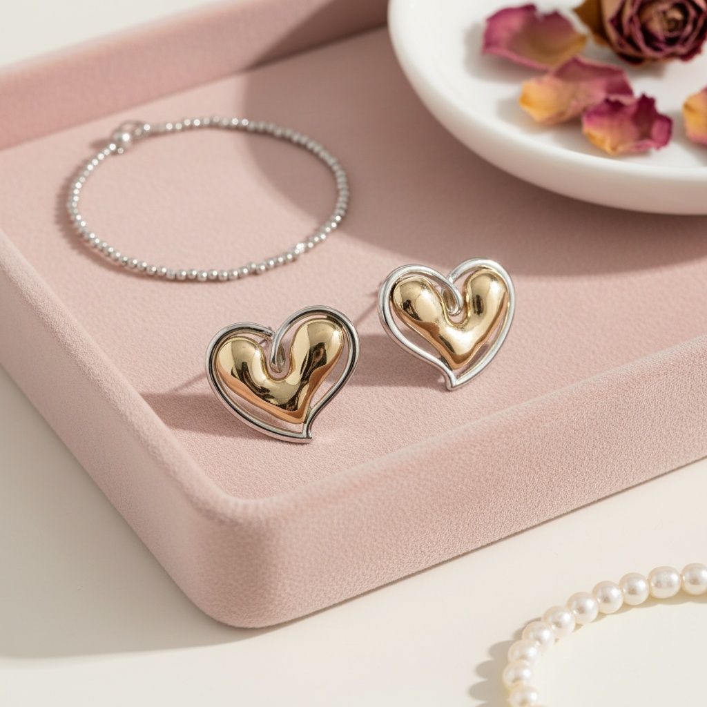 Stud Two Tone Gold Silver Chubby Heart Earrings