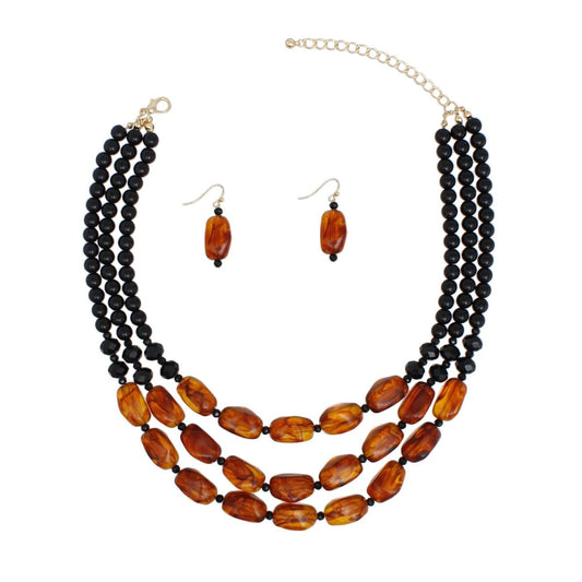 Beaded Warm Caramel Swirls 3 Layer Necklace Women